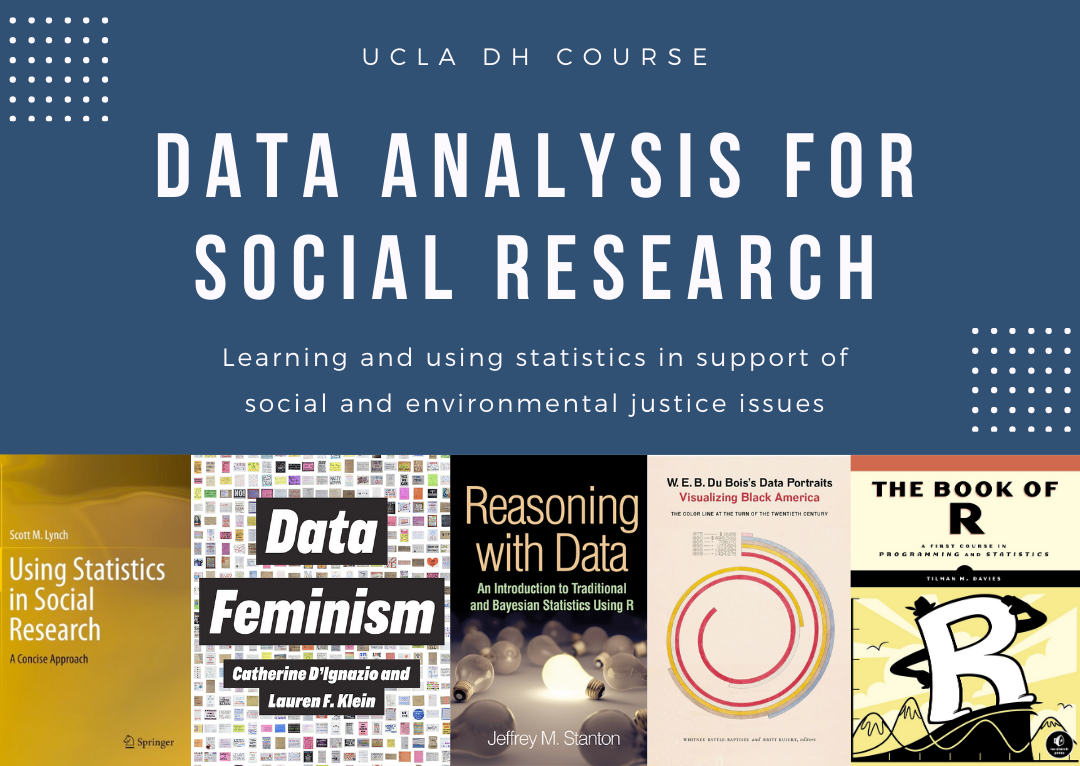 Advertisement for stats for humanists class showing book covers and two graphs